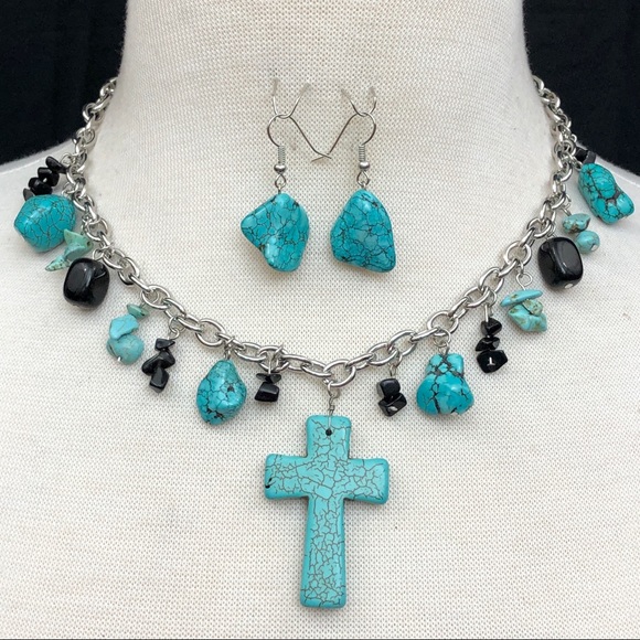 Fashion Jewelry Jewelry - Turquoise Stone Christian Cross Blue Black Beaded Western Necklace Earrings Set